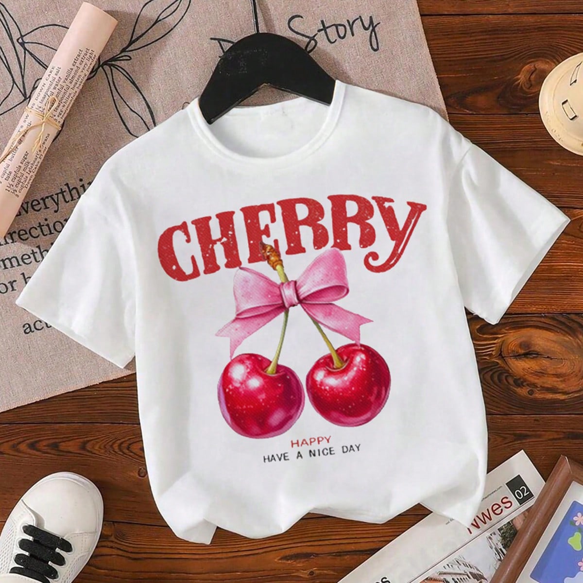 Camiseta de manga corta con estampado de moño y cerezas en color fucsia, estilo Y2K para niña preadolescente, para verano
