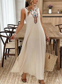 SHEIN Clasi Plus Size Feminino Casual Decote Em V Retro Estampa Sem Mangas Vestido Com Fenda Lateral, Verão - Damasco - Ver 6