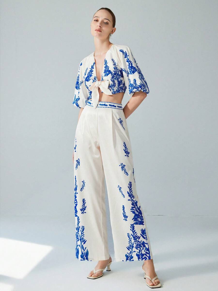 SHEIN Privé Elegant Vacation Puff Sleeve V-Neck Bowknot Crop Top And Wide Leg Pants Colorblock Floral Print Women 2 Pieces Set - Multicolor - View 1