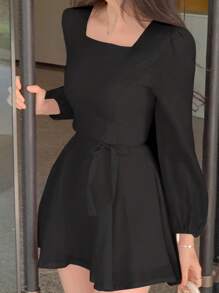 DAZY 女士小方领长袖粉色短裙，春夏秋 - 黑色 - 查看 4