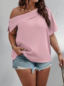 SHEIN Unity Blusa con cuello asimétrico, manga tipo murciélago y hombro descubierto, en talla grande y unicolor - Rosa - Ver 3