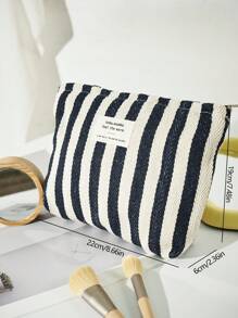 Striped Letter Design Cosmetic Bag, Large Capacity Portable Makeup Pouch For Daily Use