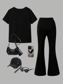 2pcs/Set Tween Girl Minimalist Stylish Short Sleeve Crew Neck T-Shirt And Pants Set