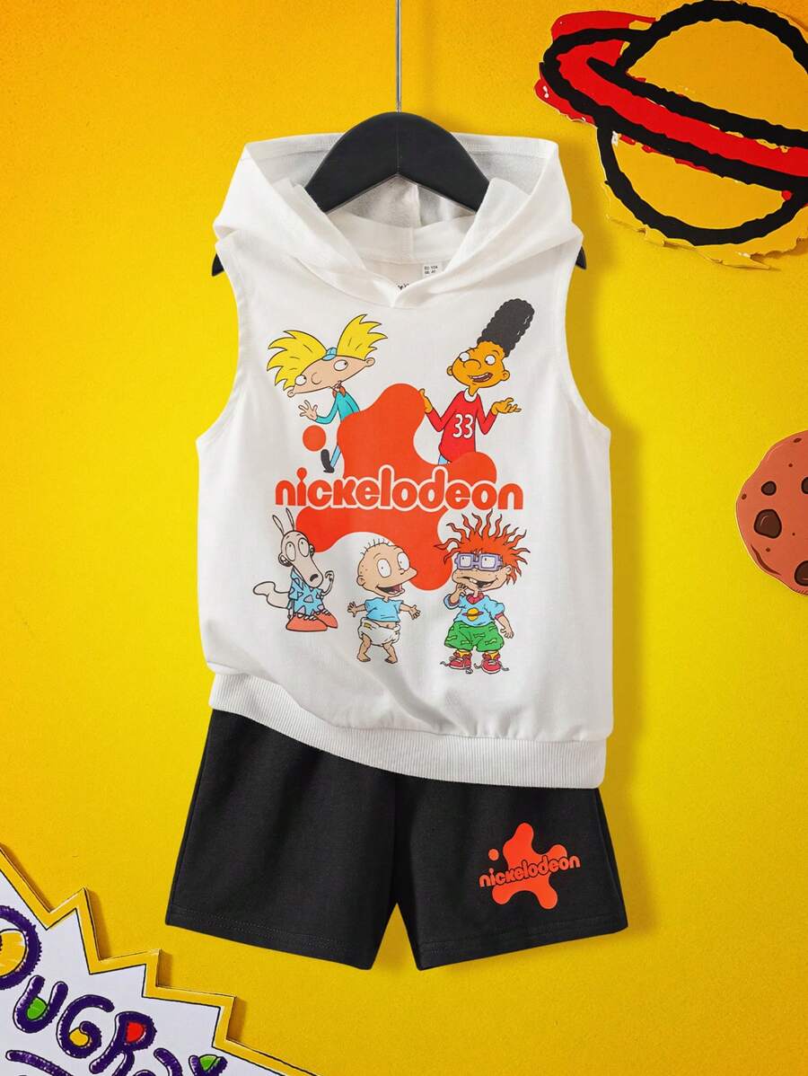 Nick 90s | SHEIN Young Boy Cartoon Graphic White Casual Sleeveless Hooded Tank And Black Shorts Sports Set
