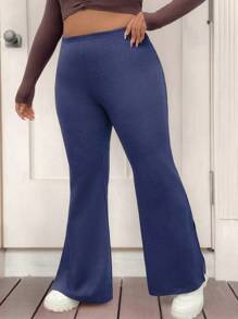 Flirla Plus Size Women Solid Color Elastic Waist Side Slit Casual Flare Pants