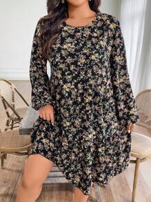 SHEIN LUNE 大码女式圆领长袖腰部隐藏式碎花及膝休闲连衣裙