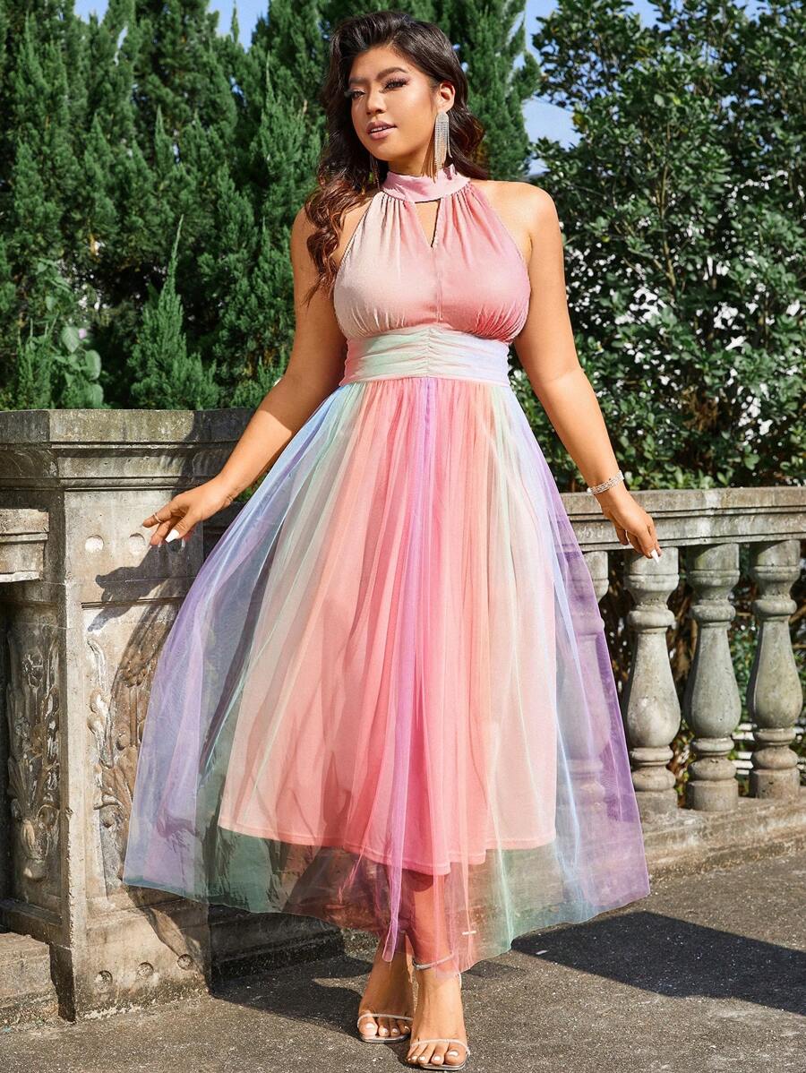 Flirla Plus Size Women Elegant Romantic Vacation Party Wedding Dress, Rainbow Ombre Halter Neck Sleeveless Cinched Waist A-Line Dress - Multicolor - View 1