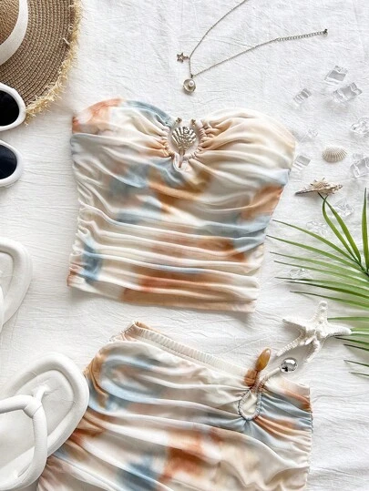 Soleia 全新针织网眼扎染印花金属装饰褶皱短款抹胸，春假、圣帕特里克节、复活节女士、音乐会女士、优雅、度假、商务休闲女士、西部、可爱、波西米亚风、乡村、端庄、街头服饰、热带、辣妹、花卉、露背