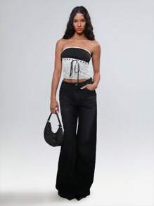 TRNVIE Elegant Colorblock Lace Patchwork Bow Bandeau Top