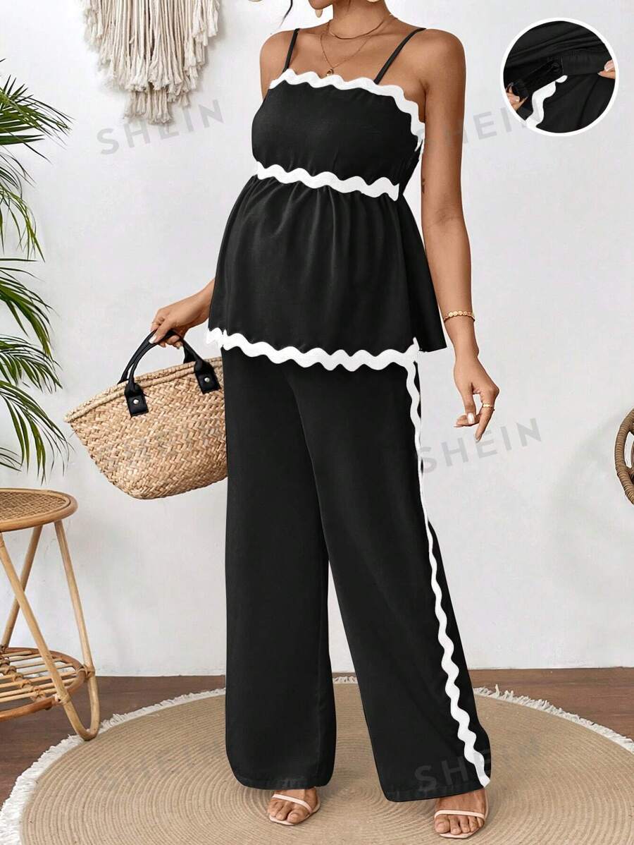 SHEIN Set de 2 piezas de top y pantalones de maternidad, simples y elegantes, adecuados para el verano