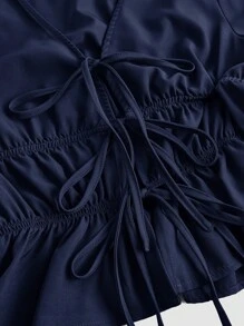 SHEIN MOD 海军蓝女式系带喇叭袖衬衫，镂空服装，女式，魔鬼服装，复古，海盗上衣，嬉皮士，外出上衣 - 藏蓝色 - 查看 3