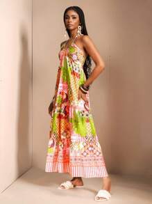 Slaydiva New Spring And Summer Holiday Halter Neck Strap Multi-Layer Splicing A-Hem Loose Rhinestone Retro Pattern Bird All-Over Printed Women's Long Dress-A