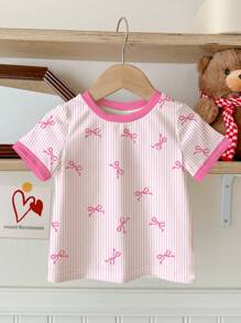 SHEIN Cute Pink Stripe, Bow Graphic Short Sleeve T-Shirt For Girls, Casual Simple Crewneck, Summer