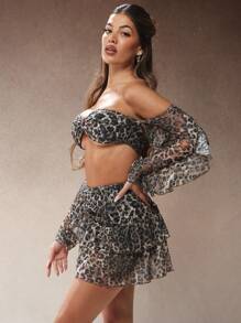 Hauture Conjunto de top bandeau y falda con estampado de leopardo y encaje