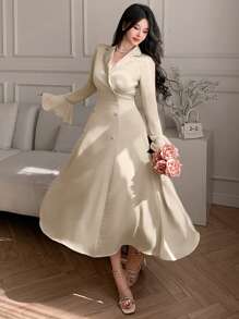 DAZY Satin Solid Color Business Casual Slim Fit Flare Sleeve Ruffle Trim Patchwork Mid-Length Dress For Women Elegant,Formal Women Dresses - Beige - View 3