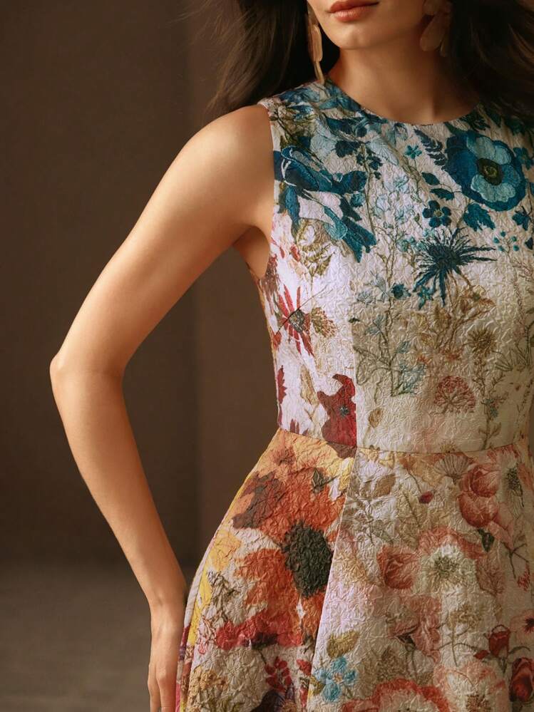 Anewsta Easter Spring/Summer Round Neck Ditsy Floral Waist Fitted A-Line Fashionable Elegant Ladies Dress - Multicolor - View 4