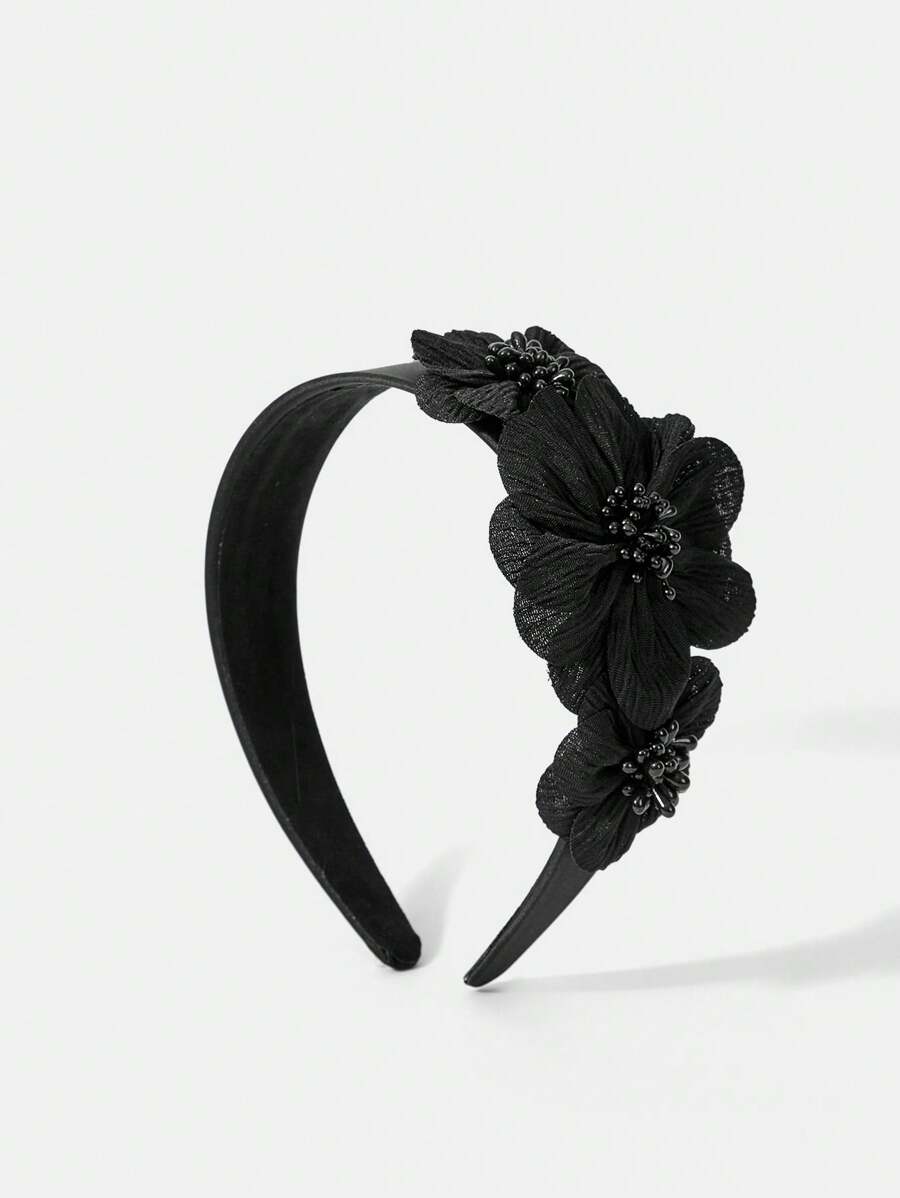 MOTF PREMIUM FLOWER PATCHED WIDE HEADBAND HAIRBAND HAIR HOOP - Black - View 2