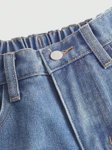 SHEIN Girlism Jeans holgados de mezclilla desteñida con detalles de parches en forma de estrella, ropa de verano bohemia de playa para preadolescentes, ropa de calle y uso diario para vacaciones de primavera y vuelta al colegio - Azul lavado medio - Ver 4