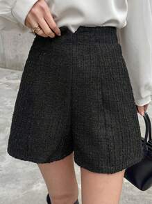 FRIFUL Women Fashion High Waist Plain Textured Shorts For Commuting - Black - View 6