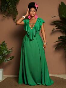 Maweii Váy suông xếp nếp cổ chữ V thanh lịch cỡ lớn có viền bèo nhún, dành cho nữ - màu xanh lá - Xem 2