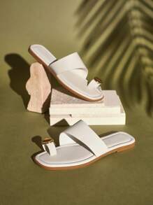 SHUZIA Women's Ring Toe Metal Flat Sandals Summer Slip-On Square Open Toe Beach Flats Slippers Mother's Day Present - Beige - View 1