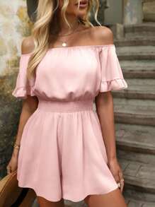 SHEIN LUNE Bộ đồ liền thân màu trơn trễ vai cho nữ, tối giản và thời trang, phù hợp cho mùa hè - Hồng - Xem 3