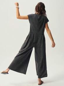 Bohemela 女式休闲宽松牛仔风格纯色圆领短袖连体裤，波西米亚文艺复兴博览会风格，夏季 - 黑色 - 查看 7