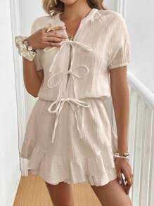 SHEIN Frenchy 女士纯色前系带插肩袖休闲连身裤 - 杏色 - 查看 6