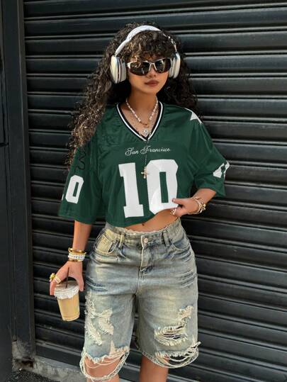 Muchica T-shirt vert satiné court pour femme avec contraste de mesh et impression numérique, Top de rave