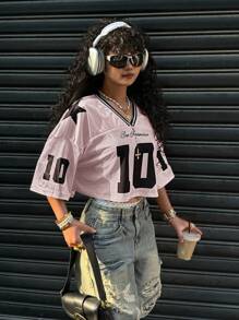 Muchica Pink Satin & Mesh Patchwork Number Print Cropped T-Shirt,Rave Top - Pink - View 4