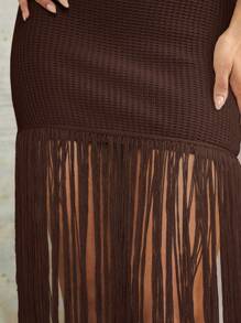 Silquee Island Girl 钩针长裙罩衫杏色亚麻露肩春夏度假海滩超长流苏迷你钩针连衣裙 - 咖啡棕 - 查看 8
