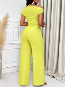 SOLERSUN 纯色不对称领口褶皱修身 T 恤和阔腿裤 - 黃色 - 查看 2