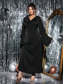 Allurite 女式加大码纯色喇叭袖连衣裙，腰部系带，优雅设计长款女装 - 黑色 - 查看 6