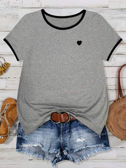 Linhara Camiseta para mujer talla grande casual y de viaje con bordado de corazón y ribetes contrastantes