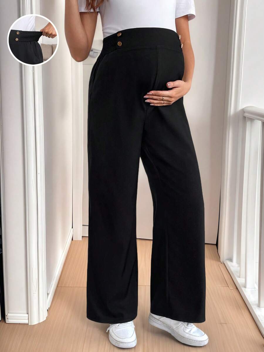 SHEIN Quần dài thời trang đơn giản màu trơn cho bà bầu, phù hợp cho mùa hè - màu đen - Xem 1