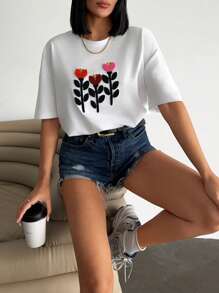 EURMUSE Áo thun nữ thêu hoa rộng rãi cỡ lớn - trắng - Xem 3