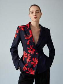 Aveloria Modichic Red & Black Color Block Floral Print Backless Sexy Fitted Double Button Blazer, Versatile For Commute, Party, High-End - Multicolor - View 3