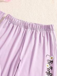 2 件套女孩蝴蝶印花圆领短袖上衣和松紧腰休闲运动裤，夏季轻便服装 - 紫色 - 查看 6