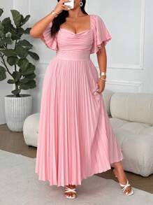 SHEIN Clasi Plus Size Square Neck, Ruffle Trim, Puff Sleeve, Pleated A-Line Dress, Elegant Vintage Style For Spring/Summer Vacation, Wedding, Party, Bridesmaid - Pink - View 4