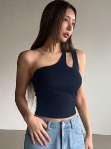 DAZY Áo crop top hở vai gợi cảm bất đối xứng hở vai gợi cảm mùa hè dành cho nữ, áo crop top đi chơi cho nữ - Màu xanh hải quân - Xem 4