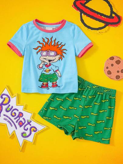 Nick 90s | SHEIN Baby Boy 90s Cartoon Graphic Color T-Shirt & Shorts 2 Pieces Set, Spring/Summer