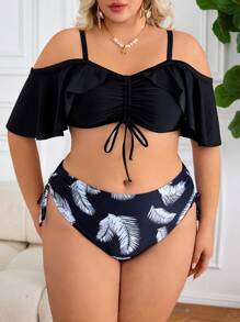 SHEIN CURVE+ Plus Size Women's Two Pieces Printed Off Shoulder Ruffled Adjustable Drawstring Swimwear, Minimalist Style For Vacation For Summer - Multicolor - View 1