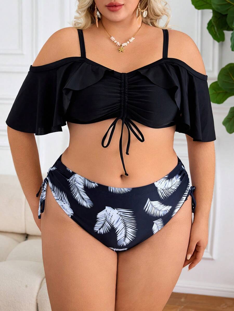 SHEIN CURVE+ Plus Size Women's Two Pieces Printed Off Shoulder Ruffled Adjustable Drawstring Swimwear, Minimalist Style For Vacation For Summer - Multicolor - View 1