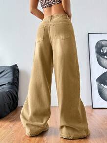 Coolane 女士休闲百搭牛仔裤，带口袋，宽松阔腿裤 - 卡其色 - 查看 2