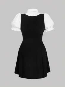 SHEIN MOD Spring And Summer New Women Plus Size Ruffle Puff Sleeve Knitted College Style Dress, Shirt 2 In 1 Design