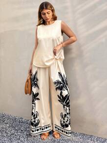 Breezaya Plus Size Women's Deep V-Neck Print Top And High Waist Pants 2 Pieces Set - Multicolor - View 3