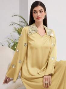 Al Najma Women's Solid Color Long Sleeve Arabic Style Dress With Rhinestone Decoration, Minimalist Fashion Suitable For Summer,Modest - Yellow - View 2