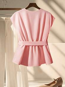 Franclia Áo cánh tay ngắn cổ chữ V xếp ly thanh lịch dành cho nữ, mùa xuân - Hồng - Xem 2