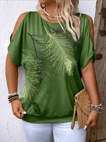 SHEIN LUNE Casual Feather Print Off Shoulder Plus Size T-Shirt Graphic Tees Women Tops - Multicolor - View 3
