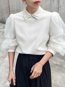 FRIFUL Áo cánh lưới vá màu trơn cổ bẻ thanh lịch dành cho nữ, Áo dài tay thời trang trở lại trường - trắng - Xem 3